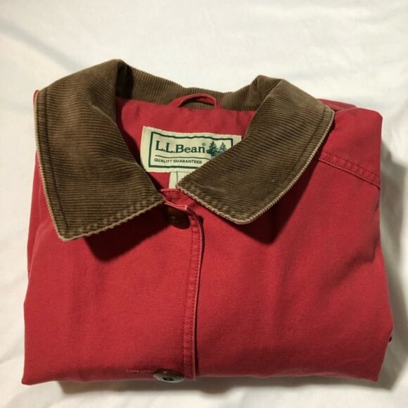 LL Bean womens red canvas chore jacket barn coat sz M corduroy collar cuffs - Picture 12 of 12